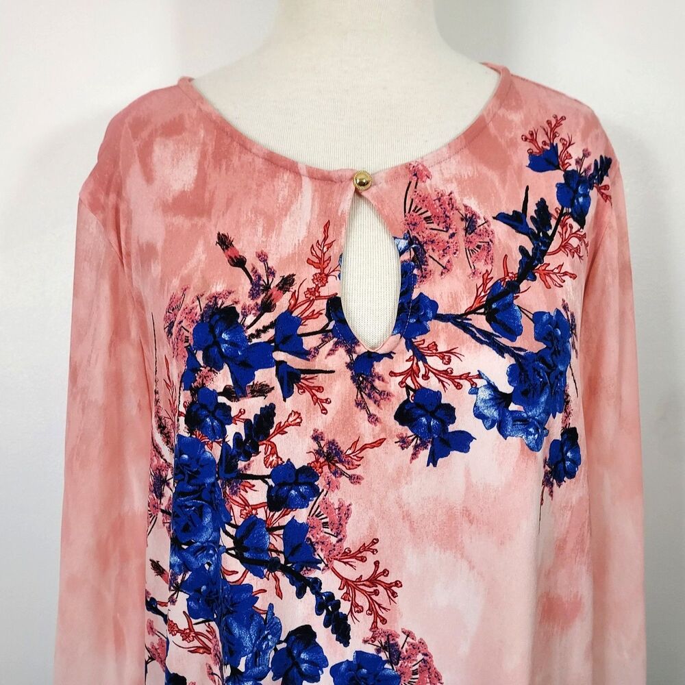 Jm Collection Tunic Top Women size XL Key Hole Neck Chiffon Sheer Sleeve Floral - Picture 3 of 13